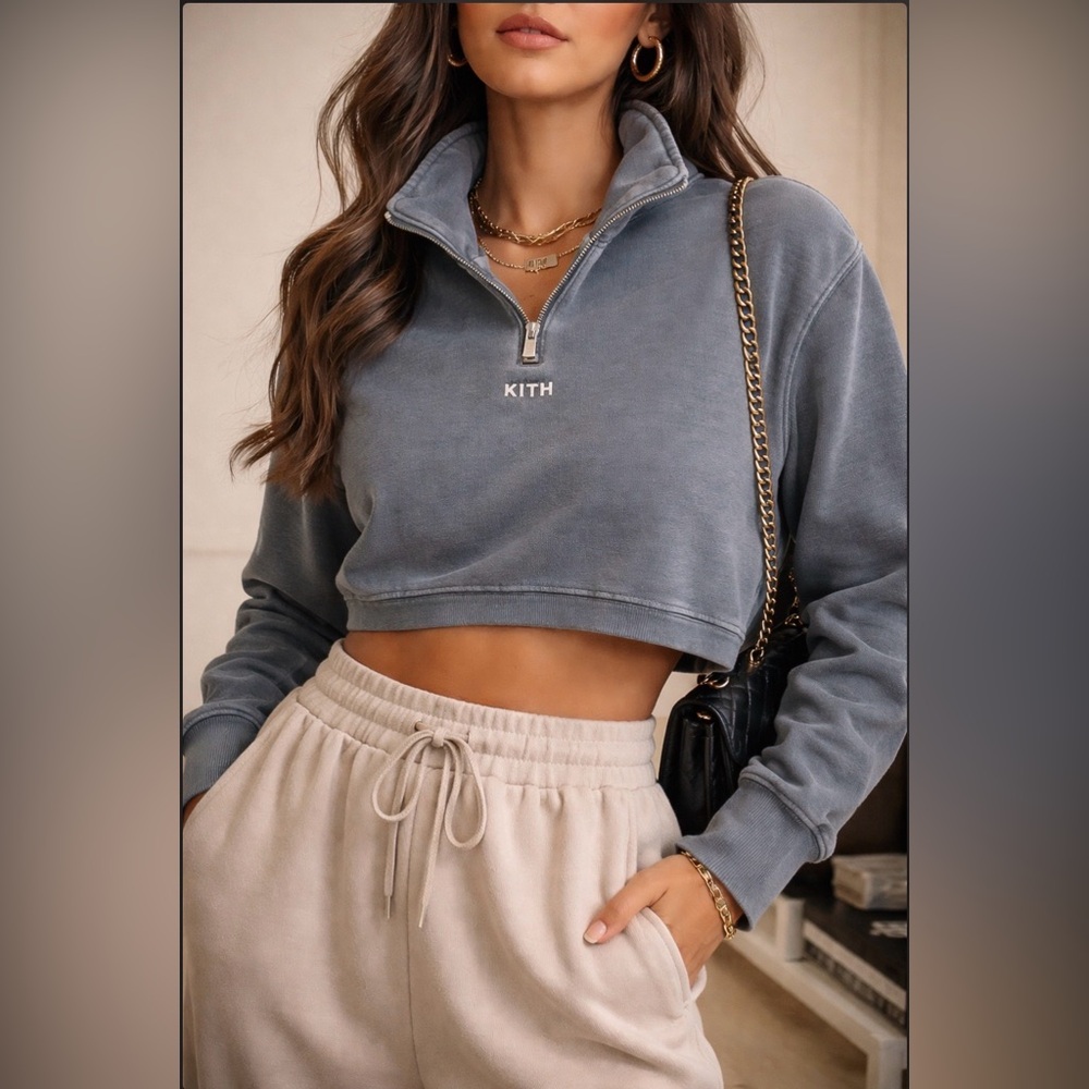 KITH Women’s Cropped Quarter Zip Sweatshirt – XS – Washed Slate Grey